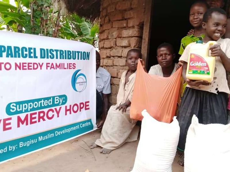 Family food packs ready for distribution in Uganda