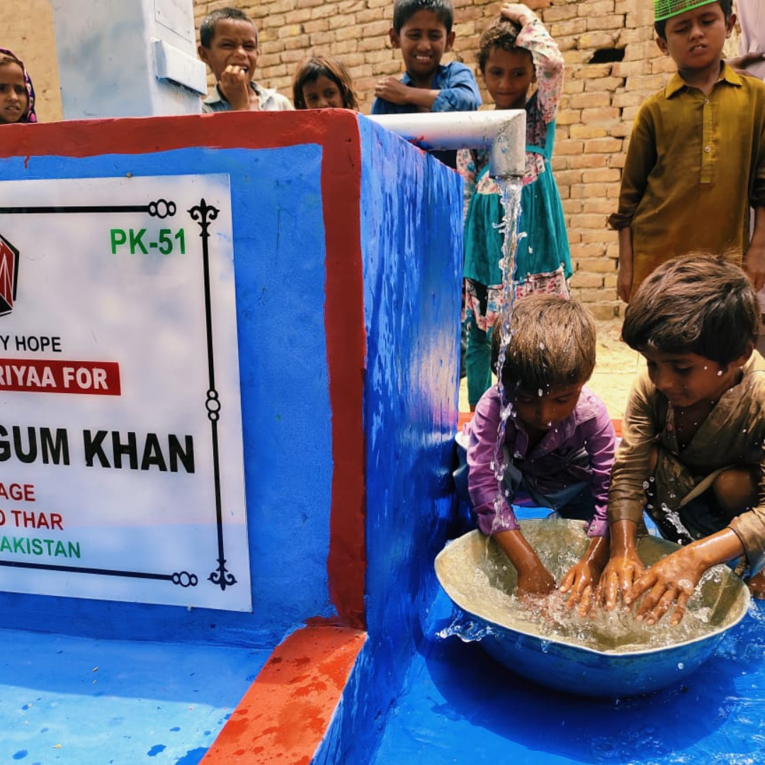 Children washing their hands at a new hand pump in Pakistan, plaque PK-51